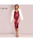 COLROVIE Burgundy Satin Party klub sukienka głębokie V Neck kobiety letnie sukienki Sexy Bodycon pasek Ruched panie Midi sukienk