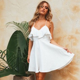 DeRuiLaDy 2019 kobiety lato paski plaża szyfonowa sukienka Sexy V Neck otwórz powrót Lace Up Ruffles Mini sukienki na co dzień s