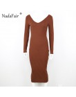 Nadafair sexy bodycon sukienki kobiety v neck z długim rękawem elastyczny club party midi sukienka z dzianiny sweter na co dzień