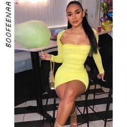 BOOFEENAA Neon żółty Mesh Bodycon sukienka kobiety plac szyi Ruched Mini bandaż seksowne sukienki kobieta Party strój do klubu n