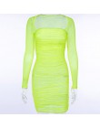 BOOFEENAA Neon żółty Mesh Bodycon sukienka kobiety plac szyi Ruched Mini bandaż seksowne sukienki kobieta Party strój do klubu n