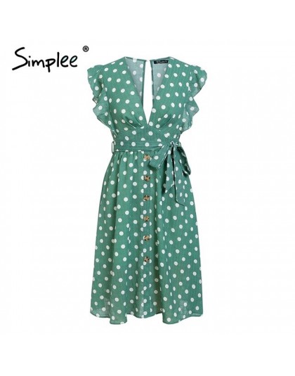 Simplee Sexy V neck polka dot zielony letnia sukienka kobiety 2019 na co dzień wzburzyć midi sukienka elegancka wakacje na plaży