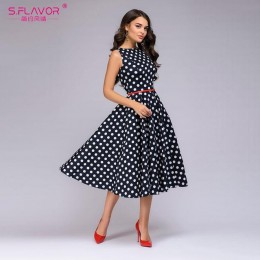 S. smak kobiety lato bez rękawów Polka Dot sukienka druku O szyi Retro sukienki w stylu Vintage kolano długość Party vestidos de