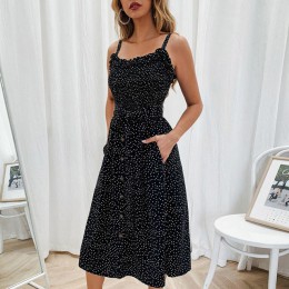 VIEUNSTA Polka Dot druku Sundress 2019 bez ramiączek wzburzyć szarfy wiązanej łuk, sukienka, kobiety, przycisk Backless letnie s