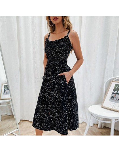 VIEUNSTA Polka Dot druku Sundress 2019 bez ramiączek wzburzyć szarfy wiązanej łuk, sukienka, kobiety, przycisk Backless letnie s