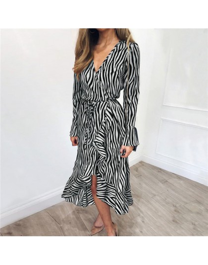 Lato długie suknie 2019 kobiety Zebra Print plaża szyfonu suknia Casual długi rękaw V szyi Ruffles elegancka sukienka na imprezę