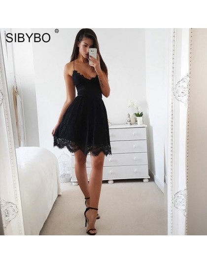 Sibybo Backless Spaghetti Strap Sexy koronkowa sukienka kobiety bez rękawów, dekolt w serek luźna letnia sukienka bawełniana cza