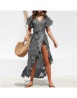 Lato plaża sukienka w dużym rozmiarze kobiety kwiatowy Print Boho długa szyfonowa sukienka Ruffles Wrap Casual dekolt w serek Se