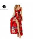 Lily Rosie dziewczyna czerwony kwiatowy nadruk Sexy Lace Up V Neck kobiety Maxi sukienki letnie sukienki podział Backless plaża 