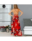 Lily Rosie dziewczyna czerwony kwiatowy nadruk Sexy Lace Up V Neck kobiety Maxi sukienki letnie sukienki podział Backless plaża 