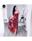 Lily Rosie dziewczyna czerwony kwiatowy nadruk Sexy Lace Up V Neck kobiety Maxi sukienki letnie sukienki podział Backless plaża 