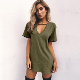 Damska tunika sukienka mini t-shirt oversize z dekoltem w serek seksowy choker luźna czarna szara