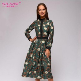 S. FLAVOR patchwork druku kobiety sukienka linii 2019 wiosna lato w stylu vintage styl vestidos dla kobiet na co dzień na dole d