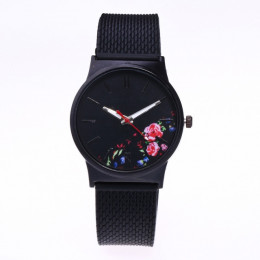 Modny czarny zegarek damski pleciona klasyczna silikonowa bransoleta kwarcowy elegancka tarcza z kwiatami