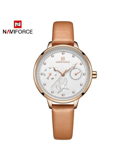 NAVIFORCE kobiety mody zegarek kwarcowy Lady skórzane Watchband data tydzień dorywczo wodoodporny zegarek prezent dla dziewczyny