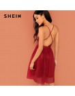 SHEIN burgundii Sexy Party Backless olśniewająca szczegóły Mesh Halter wysoka talia solidna sukienka 2018 lato Club moda kobiety