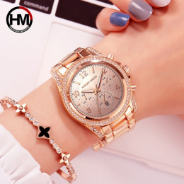 Drop Shipping różowe złoto Top luksusowe marki kobiety Rhinestone zegarki Montre Femme kalendarz wodoodporna moda sukienka zegar