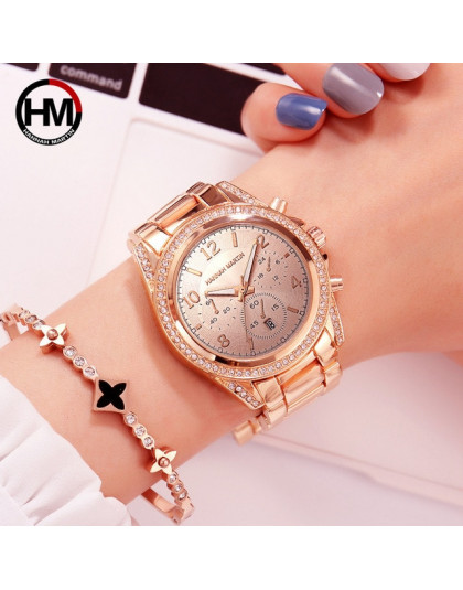 Drop Shipping różowe złoto Top luksusowe marki kobiety Rhinestone zegarki Montre Femme kalendarz wodoodporna moda sukienka zegar