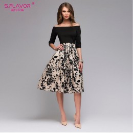 S. FLAVOR wiosna lato Floral wydrukowano Patchwork sukienka kobiety Off ramię Sexy Party vestidos kobiet Slash Neck sukienki na 