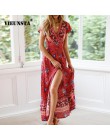 VIEUNSTA kwiatowy Print, dekolt w szpic, Boho sukienka nowa moda plaża letnia sukienka kobiety Vestido krótki rękaw podział lini