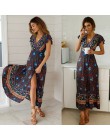 VIEUNSTA kwiatowy Print, dekolt w szpic, Boho sukienka nowa moda plaża letnia sukienka kobiety Vestido krótki rękaw podział lini