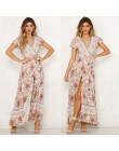 VIEUNSTA kwiatowy Print, dekolt w szpic, Boho sukienka nowa moda plaża letnia sukienka kobiety Vestido krótki rękaw podział lini