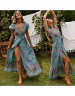 VIEUNSTA kwiatowy Print, dekolt w szpic, Boho sukienka nowa moda plaża letnia sukienka kobiety Vestido krótki rękaw podział lini