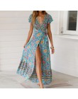 VIEUNSTA kwiatowy Print, dekolt w szpic, Boho sukienka nowa moda plaża letnia sukienka kobiety Vestido krótki rękaw podział lini