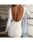 Nadafair Backless Wrap Bodycon Low Cut Sexy klub sukienka kobiety biały czarny długi rękaw Mini sukienka na imprezę