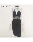 Sibybo Sexy świecący bandaż Bodycon sukienki 2018 Halter głębokie V Neck Lace Up Crop Top dwuczęściowy zestaw lato Party sukienk