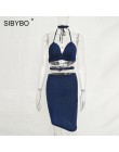 Sibybo Sexy świecący bandaż Bodycon sukienki 2018 Halter głębokie V Neck Lace Up Crop Top dwuczęściowy zestaw lato Party sukienk