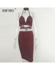 Sibybo Sexy świecący bandaż Bodycon sukienki 2018 Halter głębokie V Neck Lace Up Crop Top dwuczęściowy zestaw lato Party sukienk