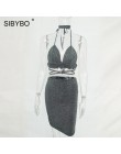 Sibybo Sexy świecący bandaż Bodycon sukienki 2018 Halter głębokie V Neck Lace Up Crop Top dwuczęściowy zestaw lato Party sukienk