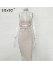 Sibybo Sexy świecący bandaż Bodycon sukienki 2018 Halter głębokie V Neck Lace Up Crop Top dwuczęściowy zestaw lato Party sukienk