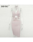 Sibybo Sexy świecący bandaż Bodycon sukienki 2018 Halter głębokie V Neck Lace Up Crop Top dwuczęściowy zestaw lato Party sukienk