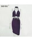 Sibybo Sexy świecący bandaż Bodycon sukienki 2018 Halter głębokie V Neck Lace Up Crop Top dwuczęściowy zestaw lato Party sukienk