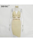 Sibybo Sexy świecący bandaż Bodycon sukienki 2018 Halter głębokie V Neck Lace Up Crop Top dwuczęściowy zestaw lato Party sukienk