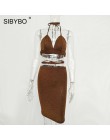 Sibybo Sexy świecący bandaż Bodycon sukienki 2018 Halter głębokie V Neck Lace Up Crop Top dwuczęściowy zestaw lato Party sukienk