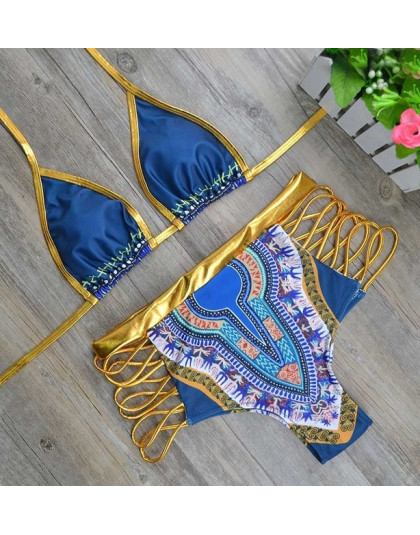 2019 nowy afryki druku dwa kawałki kostiumy kąpielowe Bikini Set Sexy geometryczne stroje kąpielowe strój kąpielowy złota wysoki