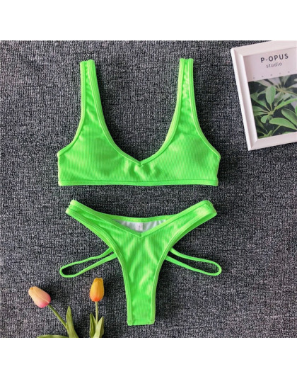 W X Neon zielony bikini 2019 mujer wysokiej cut strój kąpielowy kobiet sportowe stroje kąpielowe kobiety żebrowane strój kąpielo