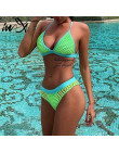 W X Sexy neon bikini 2019 Mesh strój kąpielowy kobiet zobaczyć przez bikini zestaw Push up stroje kąpielowe kobiet zielony strój