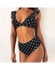 2019 Sexy Retro piękny V szyi biały czarny Polka Dot potargane Biquini strój kąpielowy cięcia wysokiej talii strój kąpielowy str