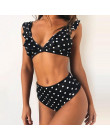 2019 Sexy Retro piękny V szyi biały czarny Polka Dot potargane Biquini strój kąpielowy cięcia wysokiej talii strój kąpielowy str