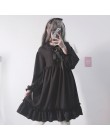 Japoński Harajuku kobiety czarny Ruffles sukienka latarnia rękaw styl Lolita studenta sukienka słodkie Kawaii śliczne łuk dziewc