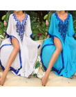 2019 Plus Size Blue Embroidered Summer Beachwear Chiffon Kaftan Beach Woman Tunic Bath Dress Robe plage Swim Wear Cover Up Q746