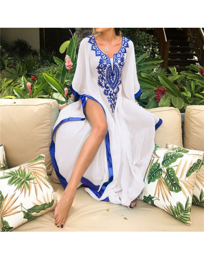 2019 Plus Size Blue Embroidered Summer Beachwear Chiffon Kaftan Beach Woman Tunic Bath Dress Robe plage Swim Wear Cover Up Q746