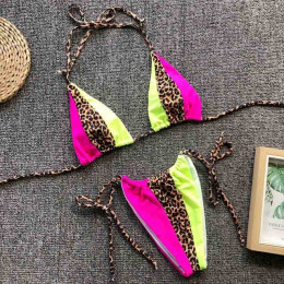 Trójkąt Leopard Bikini 2019 Mujer Biquini Neon zielony sznurek krawat małe Bikini Sexy stringi strój kąpielowy push up Micro kąp