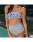 Sexy Ruffles wysoka talia Bikini stroje kąpielowe kobiety bez ramiączek Wrap strój kąpielowy bikini strój kąpielowy niebieskie p