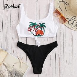 Romwe Sport bikini zestaw Tropical list druku strój kąpielowy strój kąpielowy Top i bikini wysoko wycięte spodnie i spódnice str