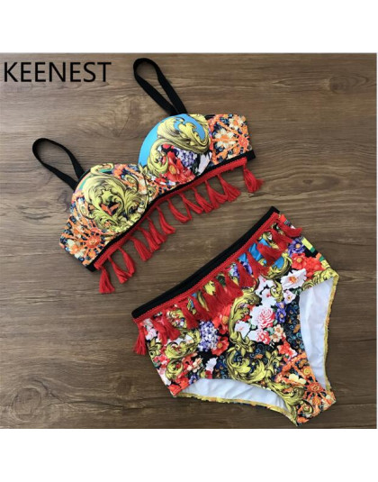 Najchętniej Sexy kwiatowy Print wysokiej talii strój kąpielowy Bikini Push Up stroje kąpielowe kobiety w stylu Vintage Tassel